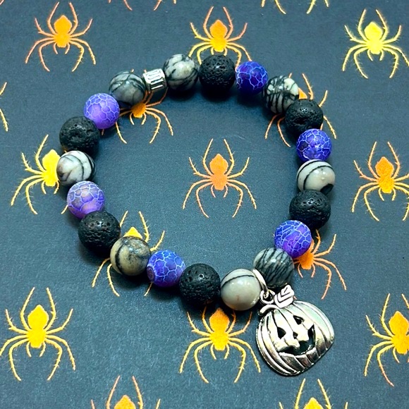 Handmade Halloween Pumpkin Charm Bracelet With Purple Amethyst And Lava Stones!